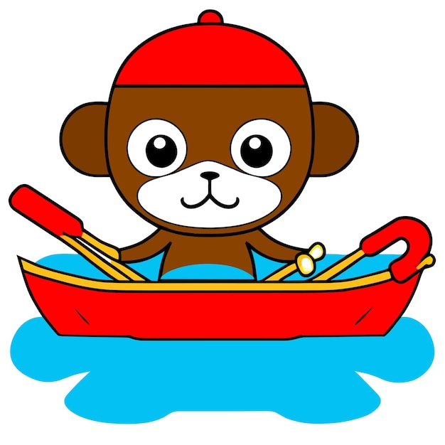 Vector monkey rowboat rowing hand drawn flat stylish cartoon sticker icon concept isolated illustration