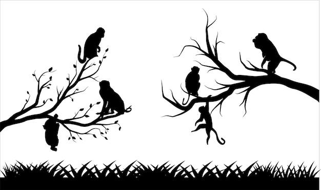 Monkey Silhouette on Tree Branch with Grass Illustrations