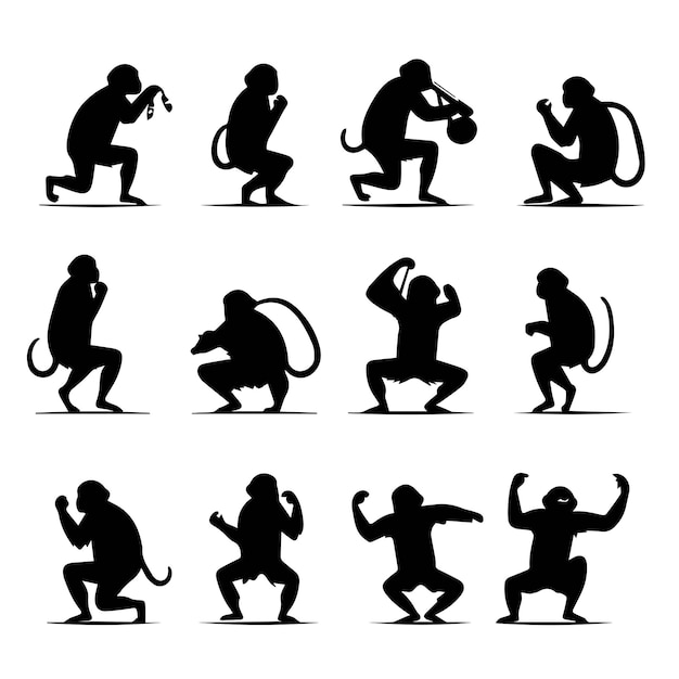 Vettore le sagome delle scimmie impostano adesivi con icone piatte disegno di illustrazione vettoriale in bianco e nero