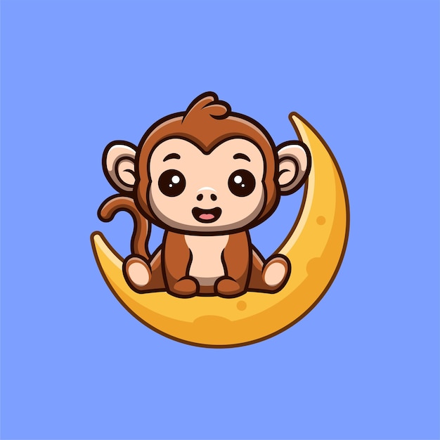 Monkey Sitting On Moon Cute Creative Kawaii Cartoon Mascot Logo