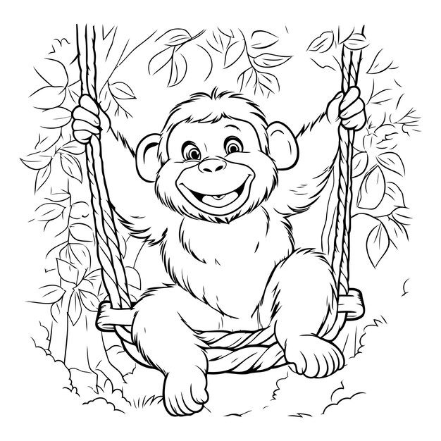 Monkey sitting on a swing Coloring book for adults