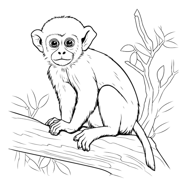 Monkey sitting on a tree branch Vector illustration for coloring book