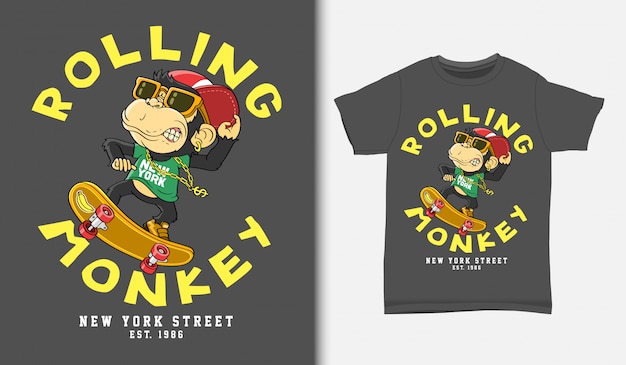 Monkey skater cartoon, met t-shirt design, hand getrokken