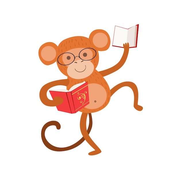 Monkey Smiling Bookworm Zoo Character Wearing Glasses And Reading A Book Cartoon Illustration Part Of Animals In Library Collection