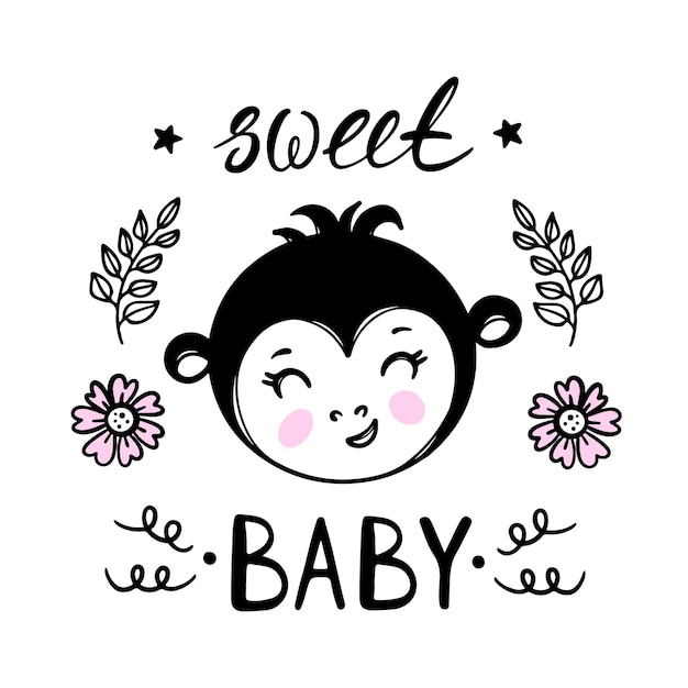 Monkey sweet baby. greeting card with flowers cartoon hand drawn sketch with handwriting text clip art