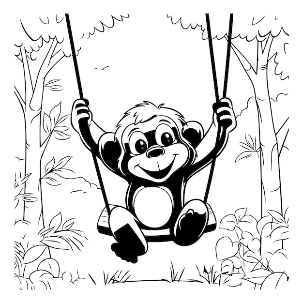 Monkey swinging in the jungle Black and white vector illustration