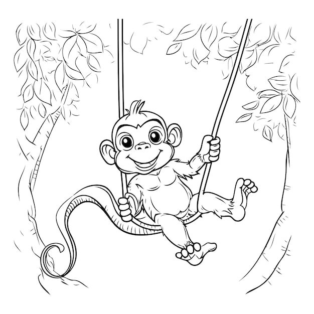 Vector monkey swinging on a swing vector illustration coloring book for children