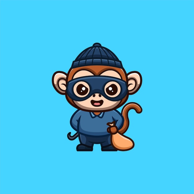 Monkey Thief Cute Creative Kawaii Cartoon Mascot Logo