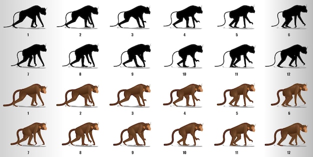 Monkey walk cycle animatieframes loop animatiereeks sprite sheet