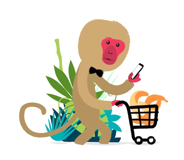 ショッピングカートを持って歩き、スマートフォンで買い物をする猿
