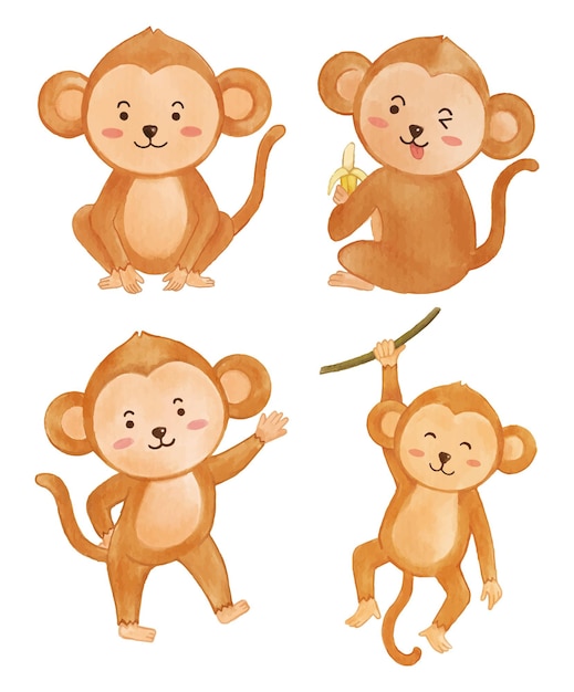 벡터 원숭이 수채화 그림 디자인 귀여운 동물 만화 캐릭터 벡터 세트
