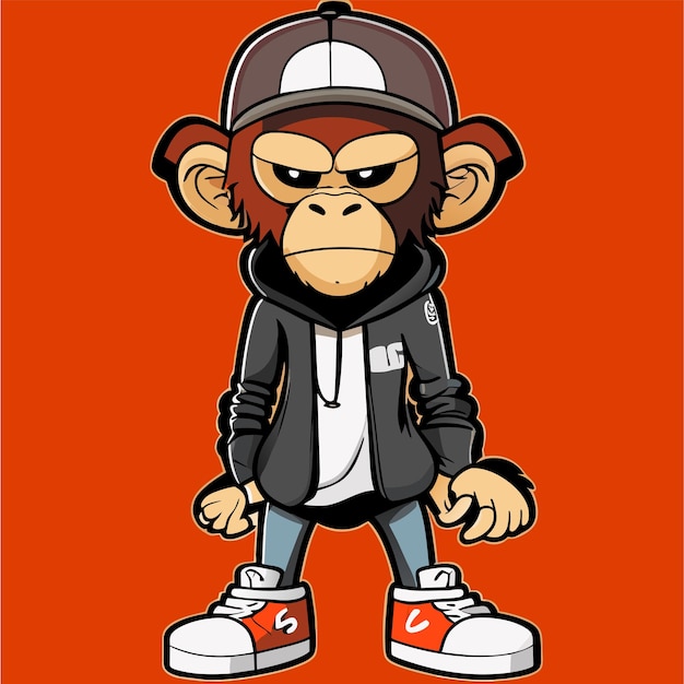 Monkey wearing clothes cap and shoes hand drawn flat stylish cartoon sticker