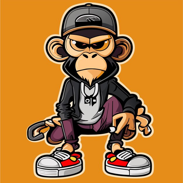 Monkey wearing clothes cap and shoes hand drawn flat stylish cartoon sticker