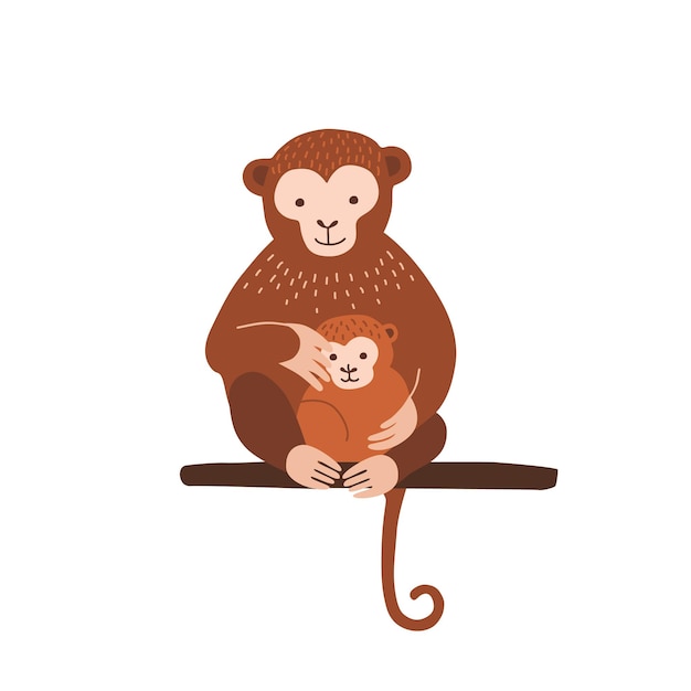 Monkey with baby sitting on tree branch isolated on white background. family of wild exotic jungle animals. parent with youngling, mother and child. flat cartoon colorful vector illustration.