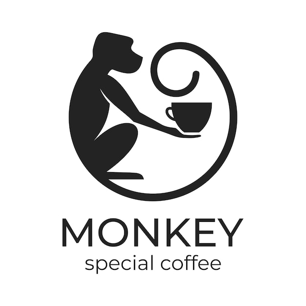 コーヒーまたは紅茶のカップを持つ猿 コーヒー ショップやカフェのロゴまたはバッジ ベクトル イラスト 特別なロゴ