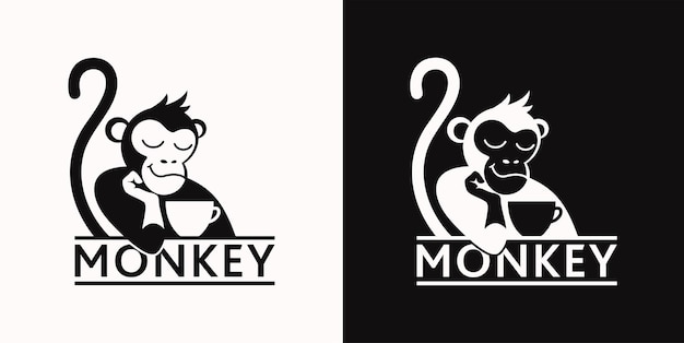 커피 또는 차 한잔과 함께 원숭이 로고 또는 커피 숍 및 카페 배지 벡터 일러스트 레이 션 특별 로고