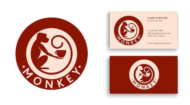 Monkey with a cup of coffee or tea Logo or badge for coffee shops and cafes Vector illustration Special logo