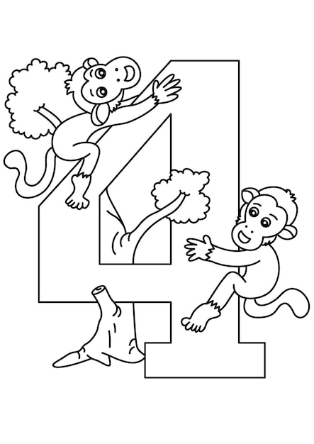 Monkey with number four coloring page or book for kids