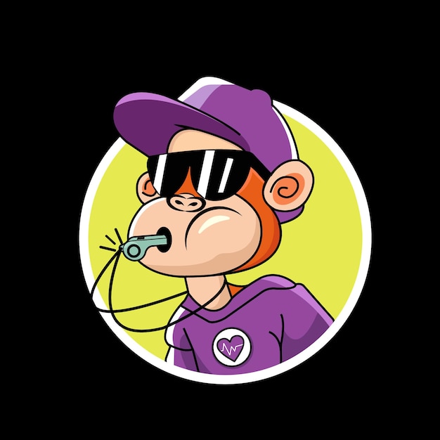 A monkey with a purple shirt and sunglasses and a whistle in his mouth.