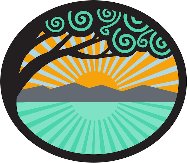 Vector monkeypod tree mountain sea sunrise oval retro