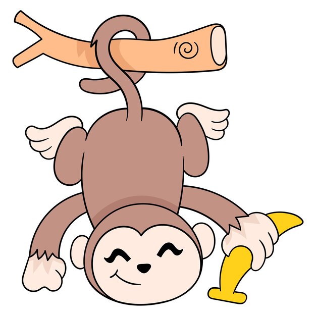 Monkeys hanging happily carrying bananas, vector illustration art. doodle icon image kawaii.