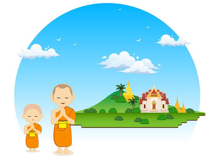 Vector monks and novices in a praying pose thai culture view sky background border illustration design