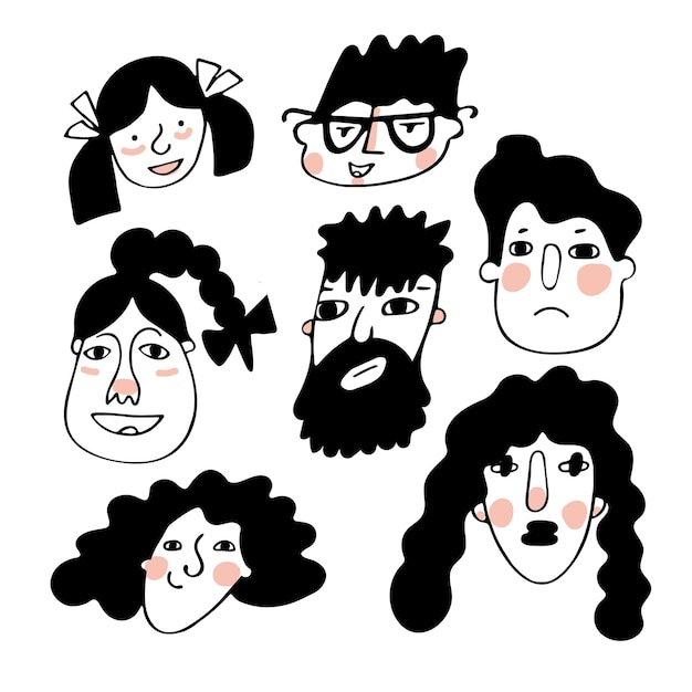 Mono color line funny face of people with different genders and ages emotions and moods in doodle freehand style