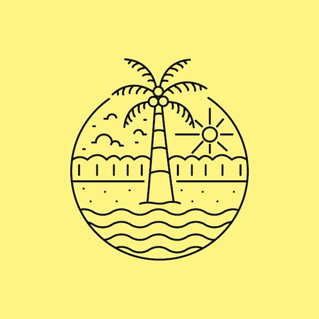 Mono lijntekeningen van zomer strand kokosnoot en golf voor badge patch embleem grafische vector kunst tshirt ontwerp