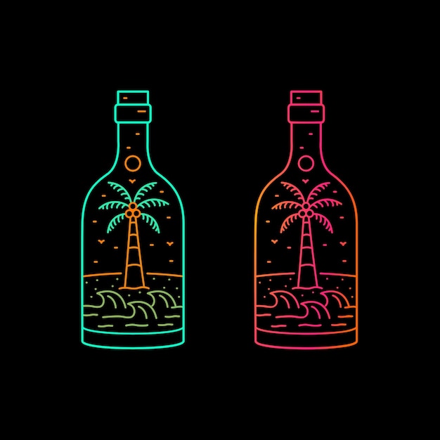 Моно-линейное искусство летнего пляжного кокоса и волны в форме бутылки для значка эмблемы графического векторного дизайна футболки
