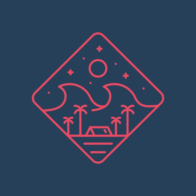 Mono line design of camping on beach and the waves