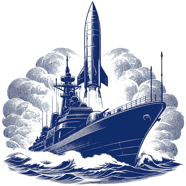 Vettore un'opera d'arte vettoriale a incisione monocromatica che mostra una potente nave da guerra militare