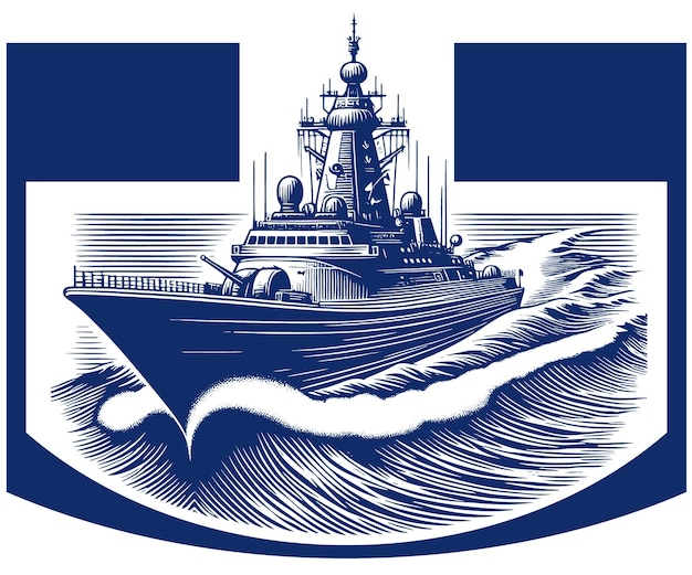 恐ろしい海軍船を描いた単色の刻ベクトルイラスト