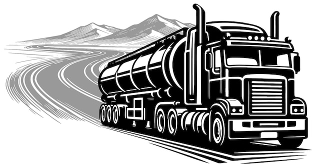 Illustrazione vettoriale monocromatica di un camion merci con un serbatoio per il trasporto di liquidi in stencil per
