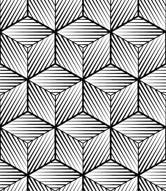 Монохромный абстрактный переплетающийся геометрический бесшовный узор. векторный черно-белый иллюзорный фон с трехмерными переплетающимися фигурами. графическое современное покрытие.