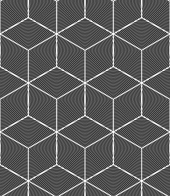 Vector monochrome abstract interweave geometric seamless pattern. vector black and white illusory backdrop with three-dimensional intertwine figures. graphic contemporary covering.