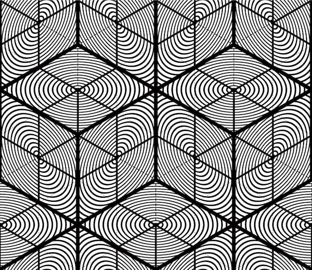 Modello senza cuciture geometrico intrecciato astratto monocromatico. sfondo illusorio vettoriale in bianco e nero con figure tridimensionali intrecciate. rivestimento grafico contemporaneo.