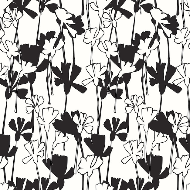 흑백 추상 원활한 패턴 흑백 식물 그림 꽃 실루엣