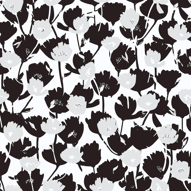 Monochrome abstract seamless pattern black and white botanical illustration flowers silhouettes