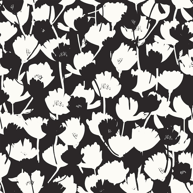 Monochrome abstract seamless pattern Black and white botanical illustration flowers silhouettes