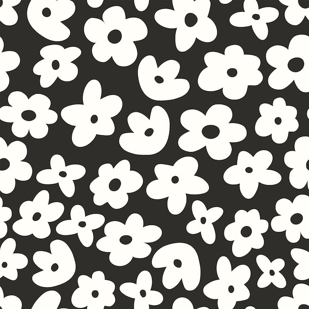 Monochrome abstract seamless pattern Black and white botanical illustration flowers silhouettes