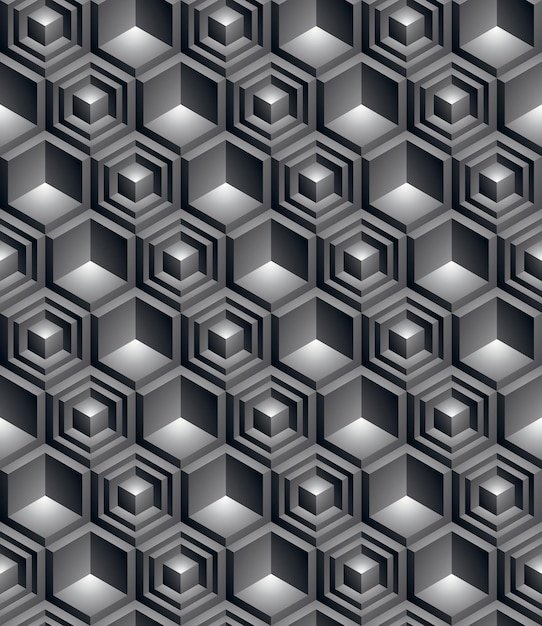 Monochrome abstract textured geometric seamless pattern with 3d geometric figures. Vector black and white textile backdrop.