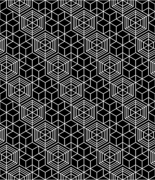 Монохромный абстрактный текстурированный геометрический бесшовный узор с геометрическими фигурами. Векторный черно-белый текстильный фон.