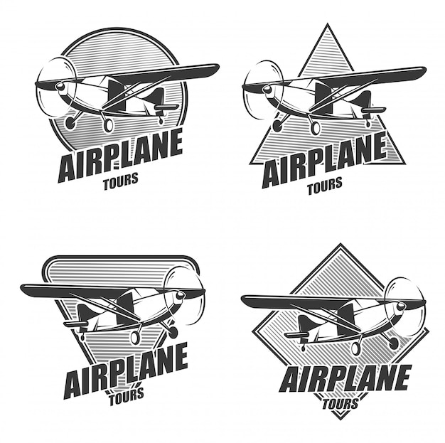 Monochrome aircraft logos set for airplane tours.