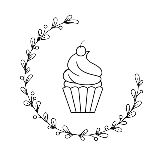 Monochrome bakery or store logo Cupcake with cherry in a wreath of leaves Vector hand drawn illustration in lineart style is isolated on white background