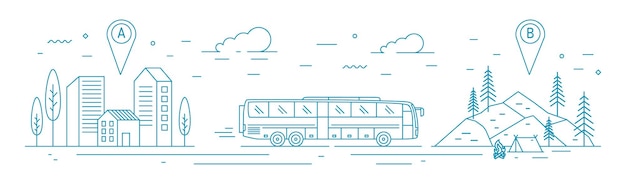 Monochrome banner template with bus riding from departure point towards forest camp at destination point. Touristic transportation, travel transport service. Vector illustration in line art style.