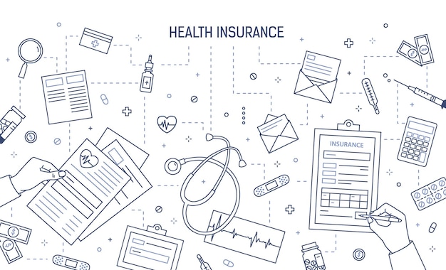 Monochrome banner template with hands filling out document, medical or health insurance form surrounded by medicines and money bills drawn with contour lines. vector illustration in linear style.