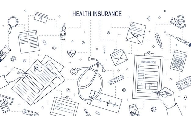 Monochrome banner template with hands filling out document, medical or health insurance form surrounded by medicines and money bills drawn with contour lines. Vector illustration in linear style.