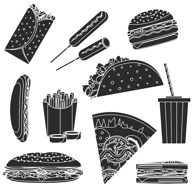 Set di simboli di fast food vettoriali neri monocromatici realizzati in tecnica di spazio negativo