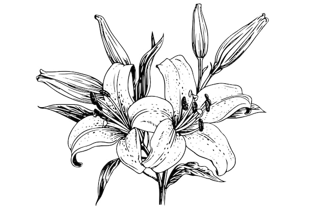 Lirio a bouquet monocromatico nero e bianco isolato su sfondo bianco illustrazione vettoriale disegnata a mano