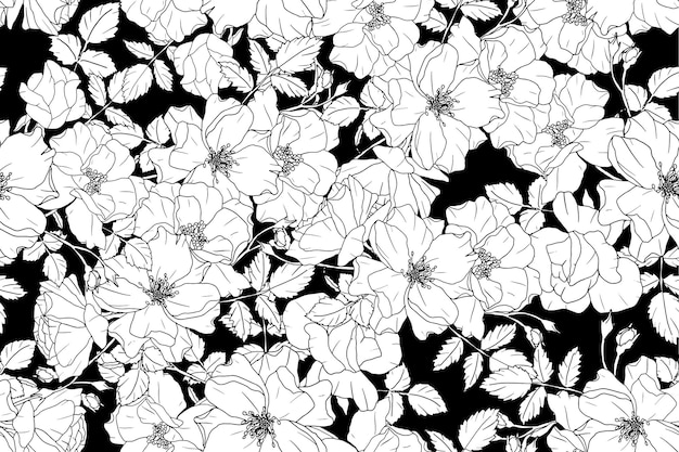 Vector monochrome black and white doodle line art rose flower bouquet repeat seamless pattern